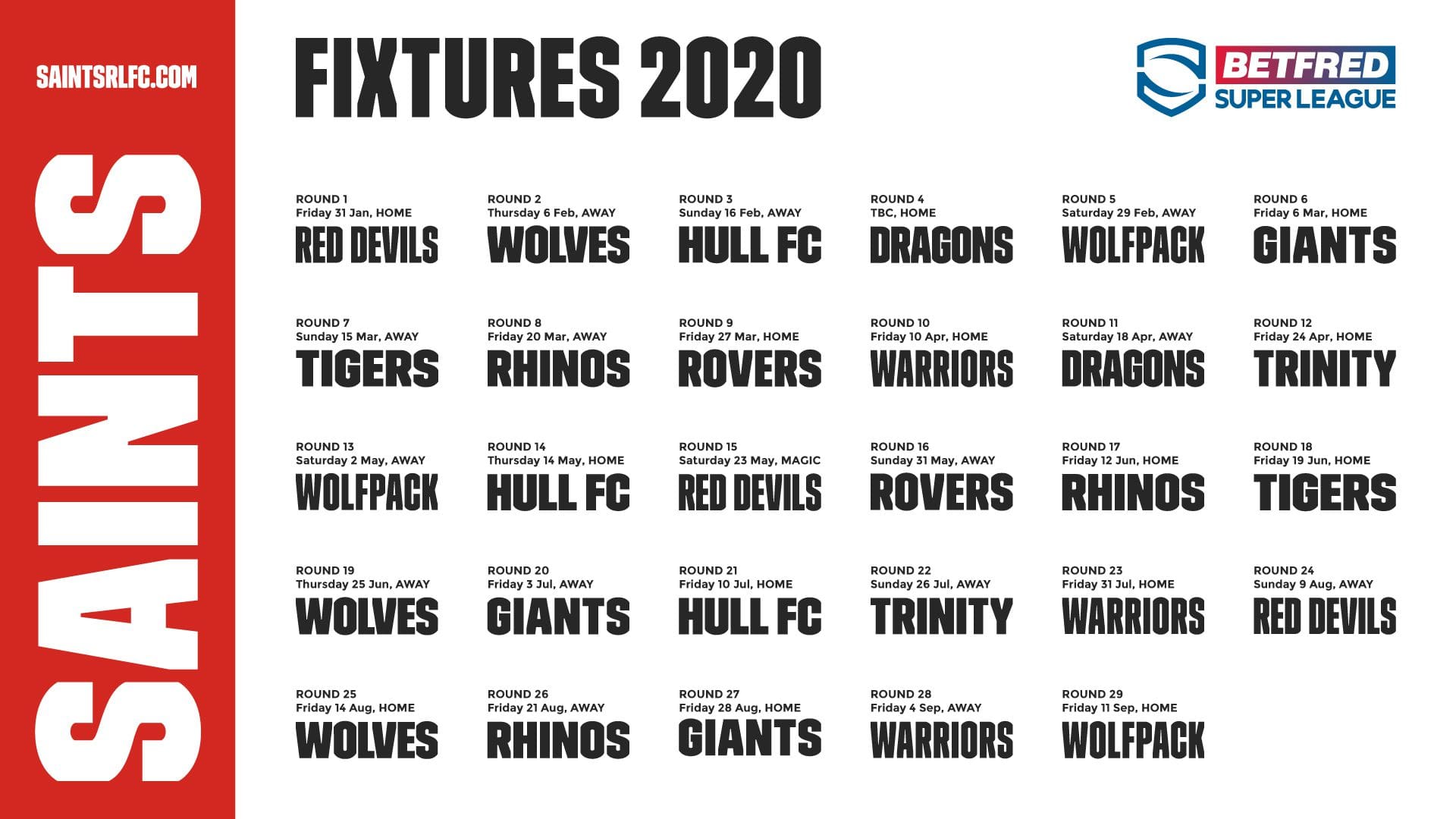 Saints 2021 Betfred Super League Fixtures Revealed!